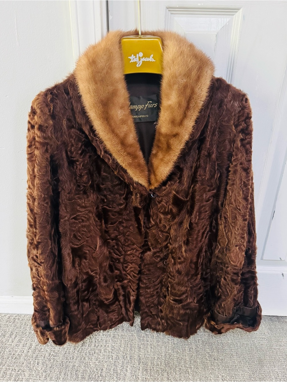 Women's Brown Faux Fur Coat with Tan Collar